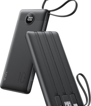 VRURC Portable Charger, Built-in 4 Cables Slim Power Bank 10000mAh, USB C Charging Bank with LED Display, Compact Travel Battery Pack with 5 Outputs for Multi Devices, Android-Black(1 Pack)