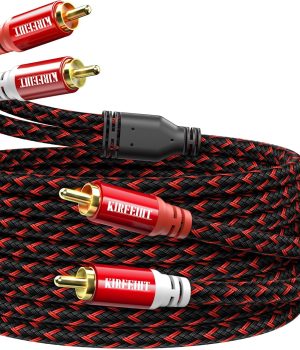 KIRFEIHT RCA Cables – 2RCA to 2RCA Subwoofer Cable OFC Core Gold-Plated Plug Nylon Braided Car Audio Cable for Hi-Fi Systems, Home Theater, HDTV, Amplifiers, Speakers 25FT – Red & Black