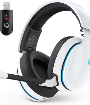AOC 2.4GHz Wireless Gaming Headset for PS5, PS4 Fortnite & Call of Duty/FPS Gamers, PC, Switch, Bluetooth 6.0 Gaming Headphones with Noise Canceling Mic, 7.1 Virtual Surround, 45Hr Battery -White
